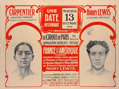 Cartel publicitario del combate de boxeo entre Carpentier y Harry Lewis, 1911 de French School