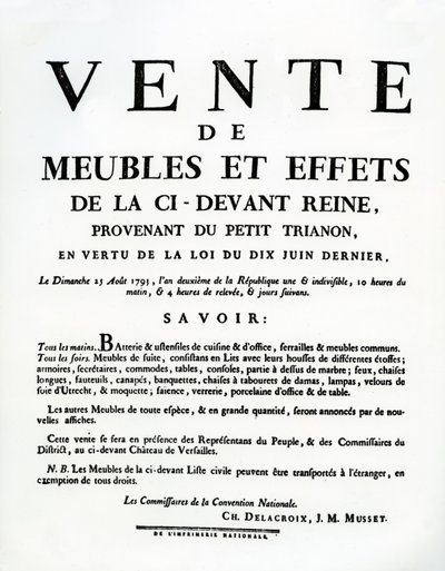 Póster anunciando la venta de los muebles y efectos de María Antonieta el 25 de agosto de French School