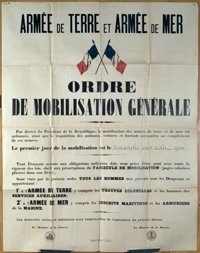 Cartel anunciando la movilización general en Francia, 2 de agosto de 1914 por el Ministerio de Guerra y Marina de French School