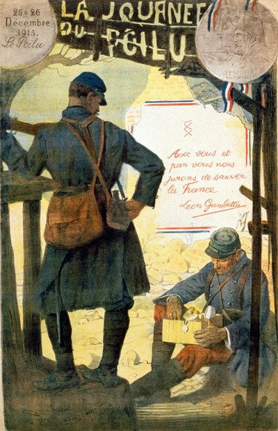 Póster para "La jornada del poilu - 25 y 26 de diciembre de 1915" con la cita de Léon Gambetta "Con ustedes y por ustedes juramos salvar a Francia". (un peludo abriendo la caja recibida de su familia). de French School