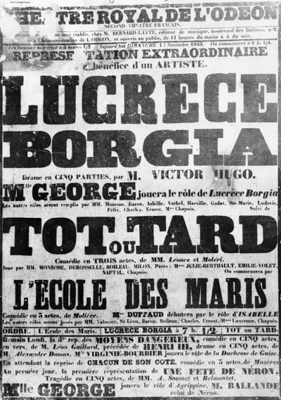 Cartel para la representación de Lucrecia Borgia en el Odeón, 1843 de French School