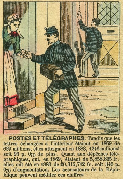 Correos y telégrafos, ilustrando el buen funcionamiento de las telecomunicaciones y la Oficina de Correos gracias a la República. Grabado, en "Le Figaro, suplemento", el 30/03/1889, París. Coll. Selva. de French School