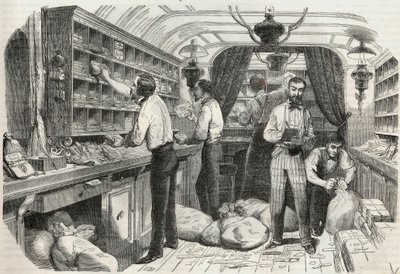Correos: interior de la oficina ambulante - Grabado en "Tableau-de-Paris" por Edmond Texier 1852 de French School