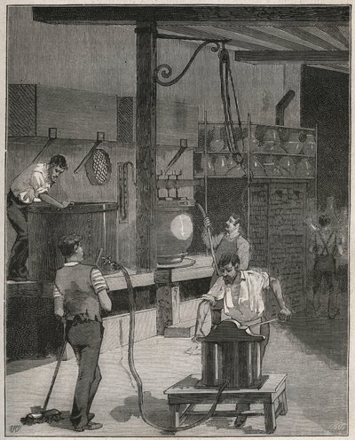 Cerámica, Manufactura de Sèvres: taller de colado al vacío y aire comprimido. Grabado de 1885 en 