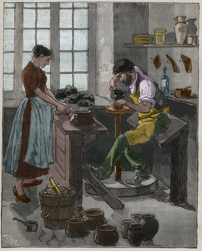 Cerámica: alfarero ejecutando un jarrón en la torre. Francia de French School