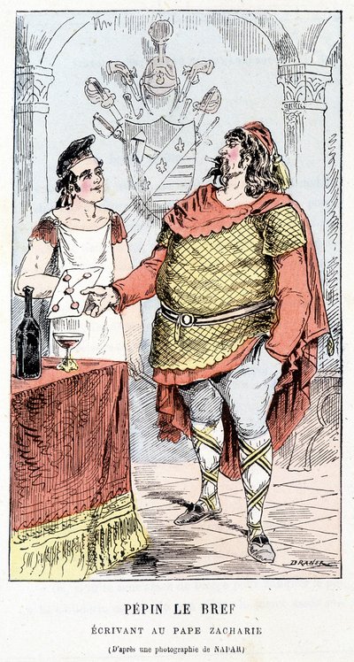 Pepino el Breve escribiendo al Papa Zacarías - en "Historia de Francia Tintamarresque" de Touchatout de French School