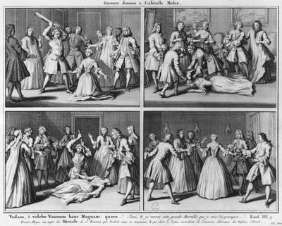 Práctica de asistencia a Gabrielle Moler, ilustración de La verité des miracles de M. de Paris... por Louis Basile Carré de Montgeron, 1747, Colonia de French School