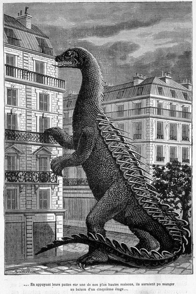 Animales prehistóricos: al presionar sus patas sobre una de nuestras casas más altas, podrían haber comido en el balcón del quinto piso - portada del libro de Camille Flammarion "El mundo antes de la creación del hombre" de French School