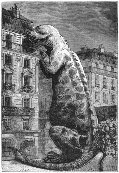 Monstruo prehistórico en una ciudad moderna, grabado por Motty (siglo XIX) ilustración de Le Monde Avant la Creation de l