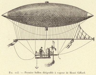 Primer globo dirigible a vapor de Henri Giffard (grabado) de French School