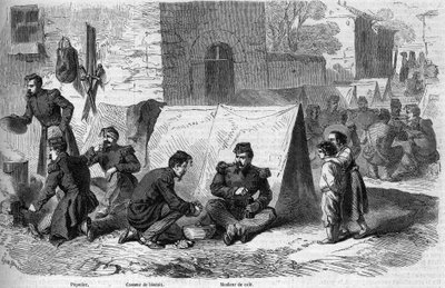 Preparación de la "popote" (comida) del 1er regimiento de granaderos de la Guardia Imperial Francesa durante el Risorgimento. De izquierda a derecha: un "popotter", un "rompe galletas" y un "cafetero". Cavriana, Italia de French School