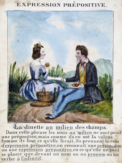 Expresión prepositiva (La merienda en medio del campo) - libro de gramática en imágenes, circa 1850 de French School