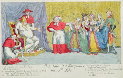 Presentación de las yeguas al Santo Padre, caricatura de la introducción de Adelaide (1732-1800) y Victoire de Francia (1733-99) al Papa, 17 de abril de 1791 de French School
