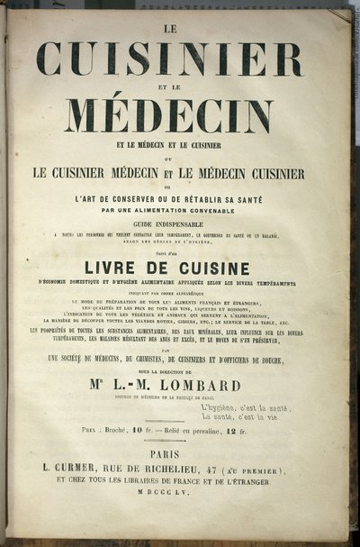 Página de presentación del libro “Le cuisinier et le medecin, l