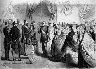 Presentación a Napoleón III (1808-1873) y a la Emperatriz Eugenia (1826-1920) de doce Maconnaises en traje regional. Macon, Saona y Loira (71) de French School