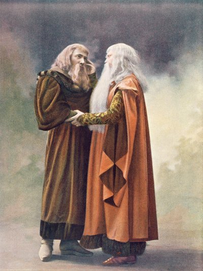 Príncipe Golaud y su abuelo, el Rey Arkel, en Pelleas et Melisande de Debussy, ilustración en la revista Theatre, junio de 1902 de French School