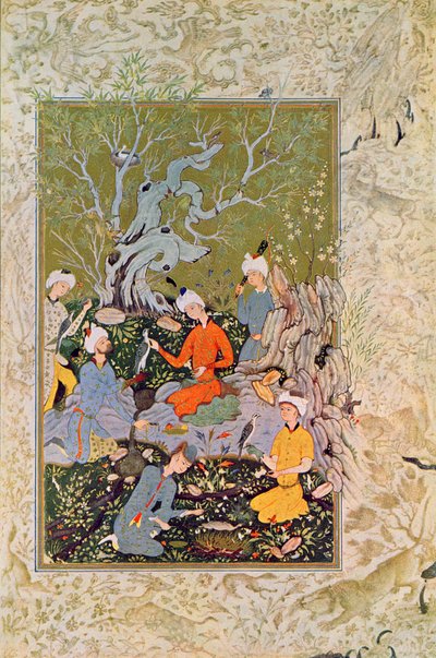Príncipe cazando con Halcones, Ilustración de Las Mil y Una Noches, 1895 (grabado en color) de French School