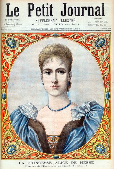 Princesa Alix de Hesse (Alexandra Feodorovna) (Alexandra Feodorovna Romanov) prometida del Zar Nicolás II de Rusia. Princesa Alicia de Hesse y el Rin (1872-1918). Prometida del Emperador ruso Nicolás II. Ilustración para Le petit Journal de French School
