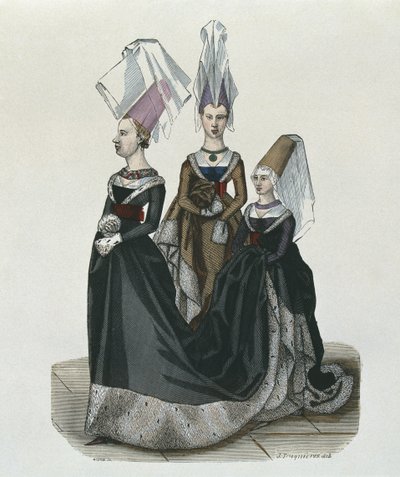 Princesa y damas de compañía en 1470, grabado por Gautier de French School