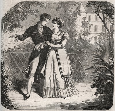 La Princesa de Gales Carolina de Brunswick (1768-1821) caminando con su amante, Bartolomeo Bergami. Grabado de 1871 en "Histoire Des Cocus Celebres" de Henry de Kock (1819-1892) de French School