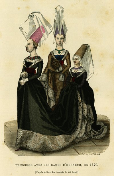 Princesa con sus damas de honor, hacia 1470. Grabado en color según el libro de los torneos del rey René, en "France et les francais a travers les siecles" de Augustin Challamel, F.Roy editor, París 1882. Colección Selva. de French School