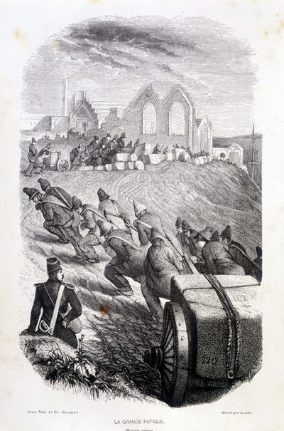 Prisioneros tirando bloques de piedra de cantera, “Les Bagnes: histoire, types, moeurs, mystère” por Maurice Alhoy, ed. Gustave Havard de French School