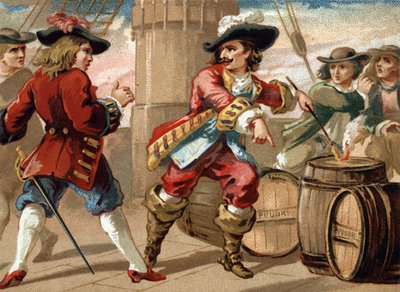 El corsario Jean Bart (1650-1702) amenazó a un corsario inglés que lo tomó prisionero amenazándolo con volar su barco incendiando un barril de pólvora. Cromolitografía de finales del siglo XIX de French School