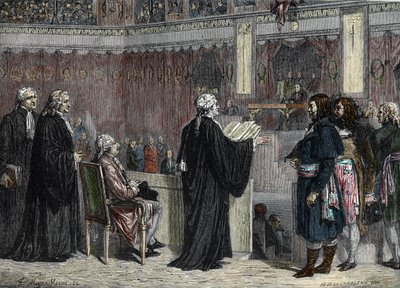 Proceso de Luis XVI: aparición de Luis XVI ante los diputados de la Convención Nacional (grabado en color) de French School