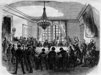 Proceso del Príncipe Pierre Bonaparte - el jurado del Tribunal Superior de Justicia preparando su veredicto en la Cámara de deliberaciones - Grabado de 1870 de French School