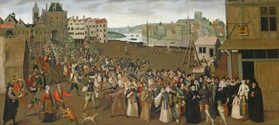 Procesión de la Santa Liga en la Plaza de Grève, saliendo del Arco de Saint-Jean, París, 1590-3 de French School