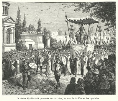 Procesión del carro de la diosa romana Cibeles, precedida por flautistas y tocadores de platillos (grabado) de French School
