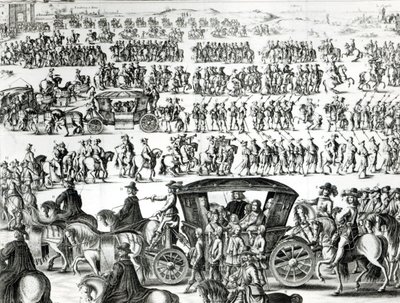 Procesión de la entrada del joven rey Luis XIV como niño en la ciudad de París el 18 de agosto de 1649, detalle de French School