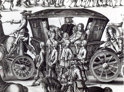 Procesión de la entrada del joven rey Luis XIV como niño en la ciudad de París el 18 de agosto de 1649, detalle de French School