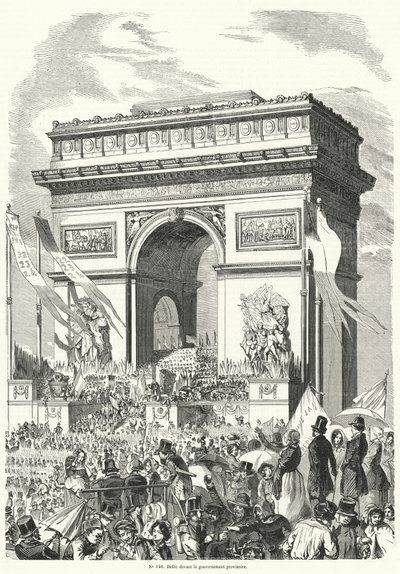 Procesión pasando frente al Gobierno Provisional Francés en el Arco de Triunfo, París de French School