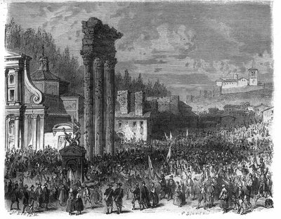 Proclamación de la República Romana en 1798. (Proclamación de la república romana en 1878) Grabado en “Histoire des Papes-Reyes-Reinas y Emperadores a través de los siglos” de Maurice Lachatre de French School
