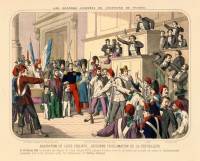Proclamación de la Segunda República Francesa durante la revolución de febrero, 24 de febrero de 1848, hoja publicada por Gadola, Lyon, 1848 de French School