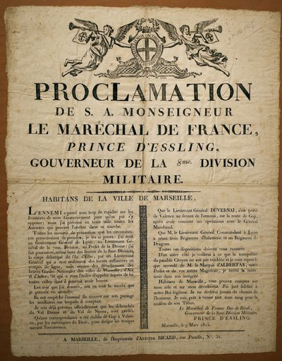 Proclamación a los habitantes de la ciudad de Marsella, fechada el 9 de marzo de French School
