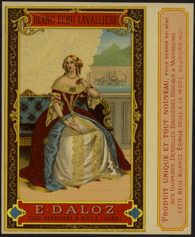 Etiqueta de producto con la imagen de una mujer bien vestida de French School