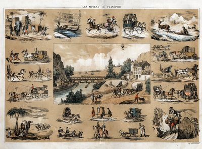 Progreso y desarrollo técnico del transporte, una tabla que ilustra la evolución de los medios de transporte, en el centro una escena girando alrededor de un río que desemboca en el mar, remolque, un tren pasando por un puente, barcos en el mar, un burro,  de French School