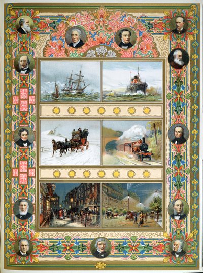 Progreso durante el reinado de la Reina Victoria (1819-1901). Barcos de vela, barcos de vapor, tren de vapor y alumbrado público de gas y eléctrico, 1887 de French School