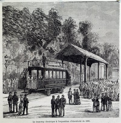 Progreso en el transporte: el tranvía eléctrico exhibido en 1881. Grabado del siglo XIX de French School