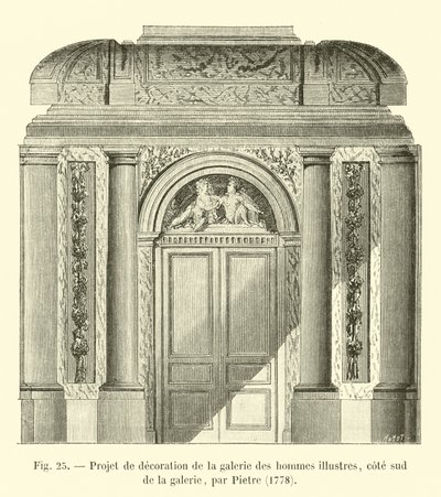 Proyecto de decoración de la galería de los hombres ilustres, lado sur de la galería, por Pietre, 1778 de French School