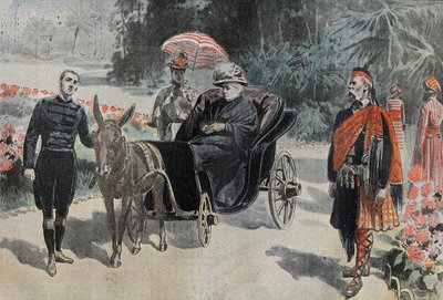 Paseo de Victoria I (1837-1901) Reina de Inglaterra, en el parque del Hotel Cimiez cerca de Niza. Grabado en “Le Pelerin” 26/03/1899. de French School