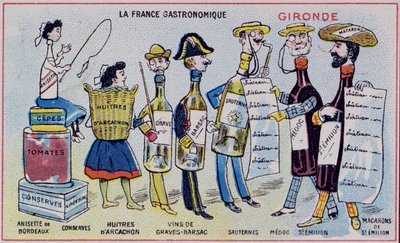 Tarjeta promocional y educativa para niños que representa especialidades alimentarias de la región de Gironde, c.1910 de French School