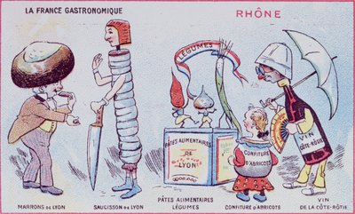 Tarjeta promocional y educativa para niños de especialidades alimentarias de la región de Rhone, c.1900 de French School