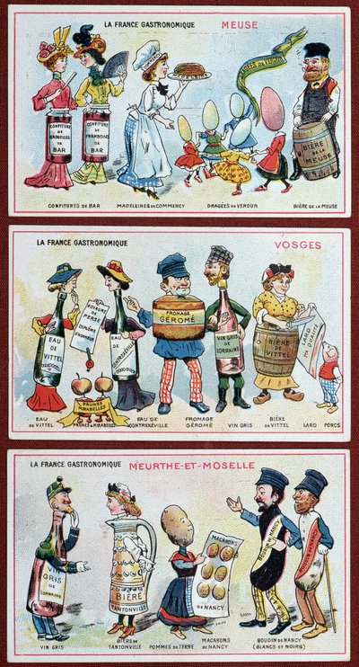Tarjetas promocionales y educativas para niños que representan especialidades alimenticias de la región de Lorena, c.1910 de French School