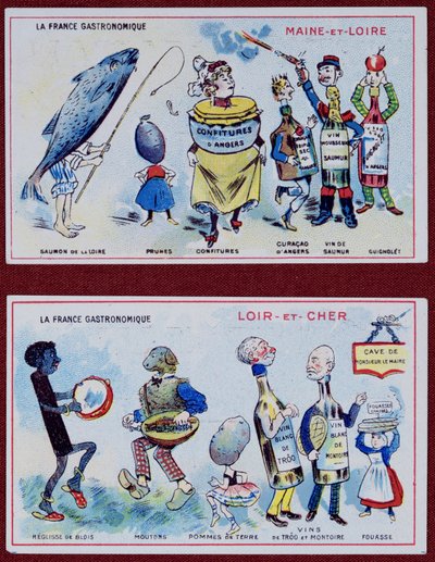 Tarjetas promocionales y educativas para niños que representan especialidades alimentarias de las regiones de Maine-et-Loire y Loir-et-Cher, c.1910 de French School