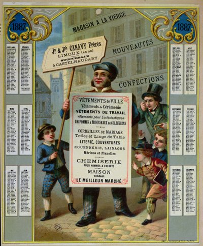 Calendario promocional para 1887 anunciando Canavy Freres sastres y mercería, c.1886 de French School