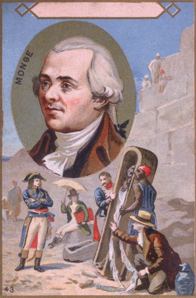 Tarjeta promocional que muestra a Gaspard Monge (1746-1818) presentando una momia a Napoleón Bonaparte (1769-1821) durante la campaña egipcia, finales del siglo XIX de French School
