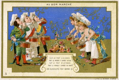 Tarjeta promocional para los grandes almacenes parisinos Au Bon Marché, que representa a cocineros bailando en el Puente de Aviñón, c.1895 de French School